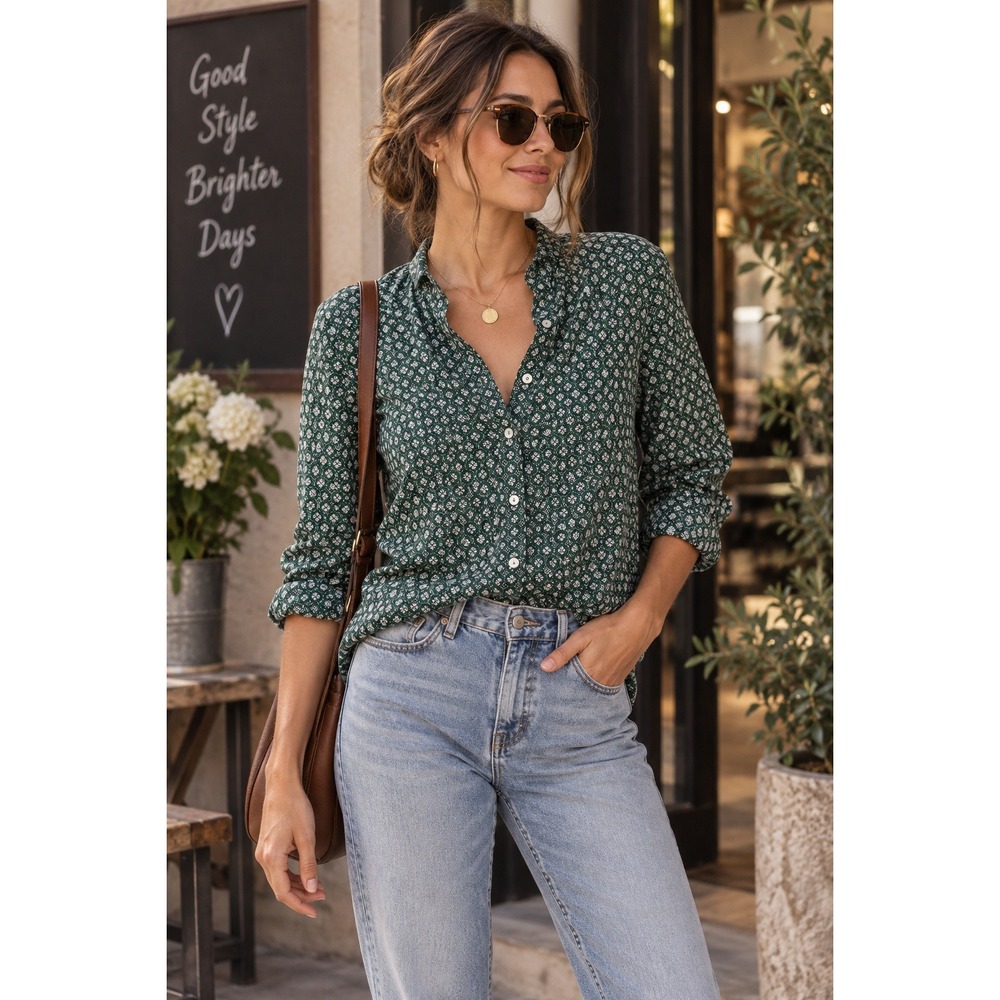 J Jill Shirt Womens‎ Small Green Floral Button Down Boho Cottagecore